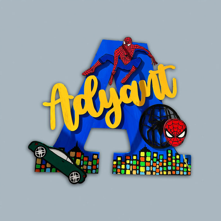 Hand Painted Personalised Kids Spiderman Themed Monogram Name Plate 1 - Front View with Name Personalization (8)