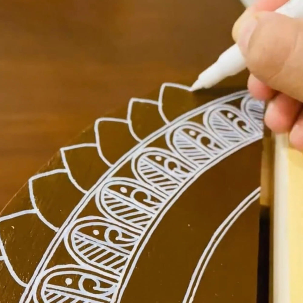 Handcrafted Personalized Mandala Round Pinewood Name Plate 4 - Close-up of Decorative Painting Process