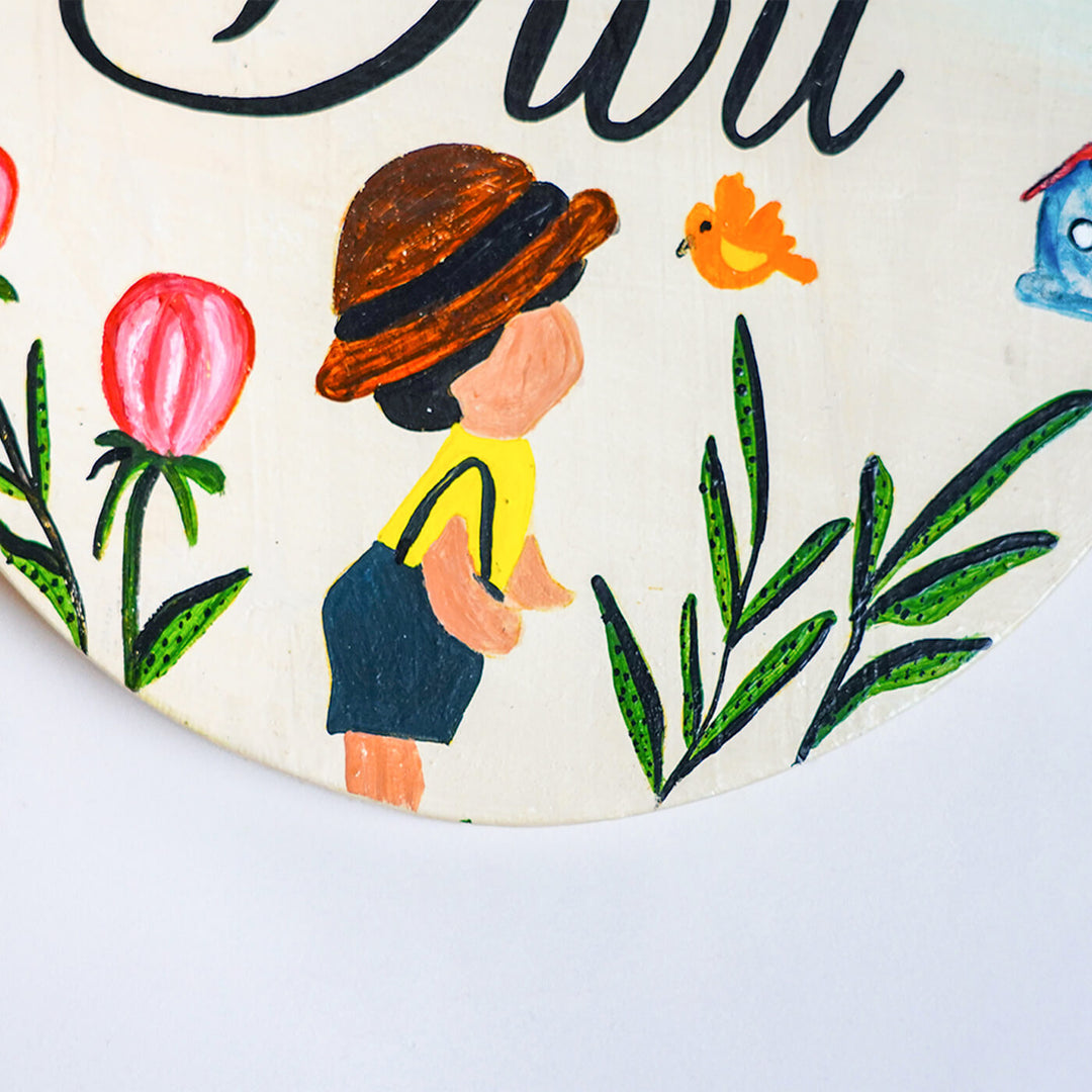 Handpainted Round Wooden Kids Name Plate - Close-up of Illustrated Detail