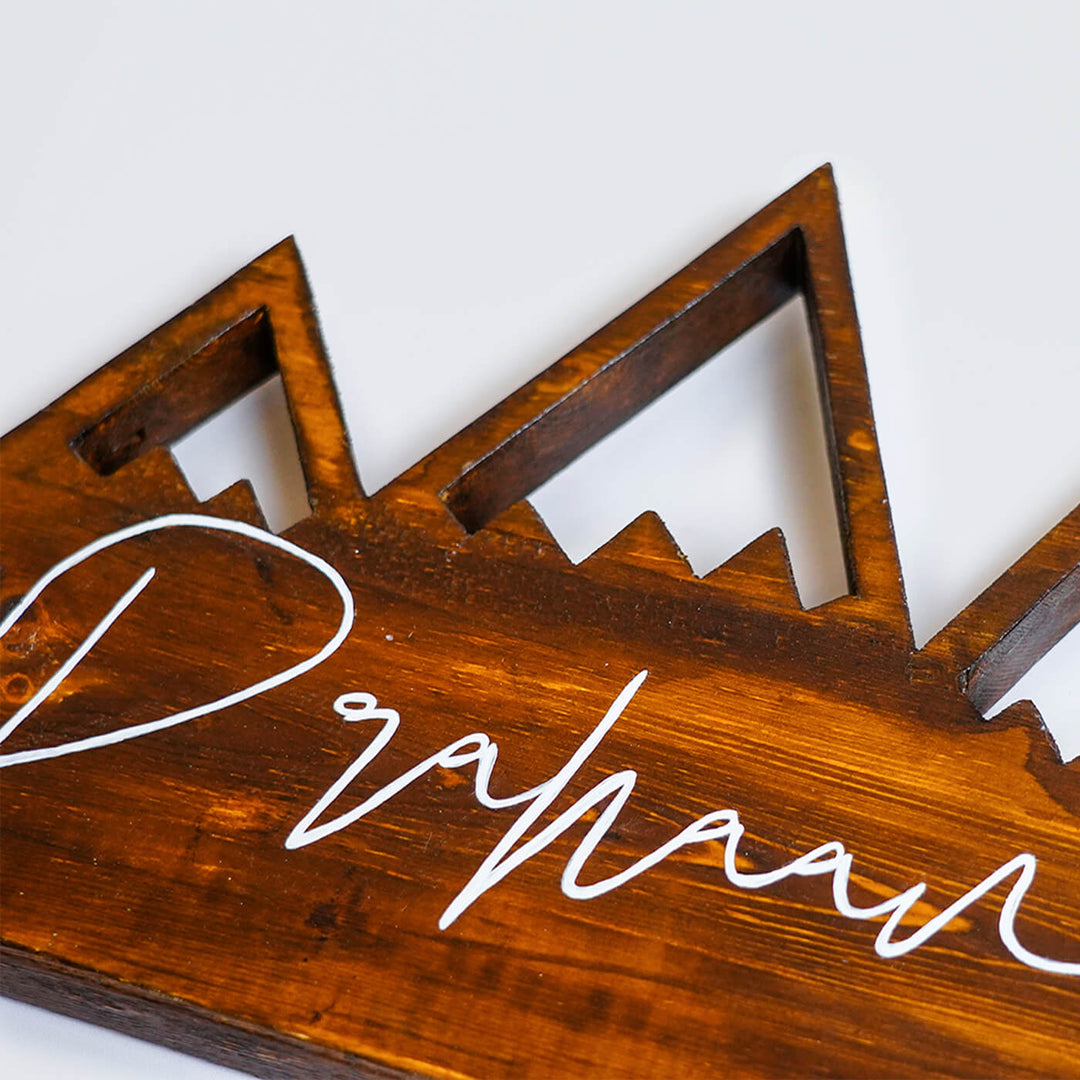 Handpainted Mountain Wooden Kids Name Plate - Engraving Close-up on Wood