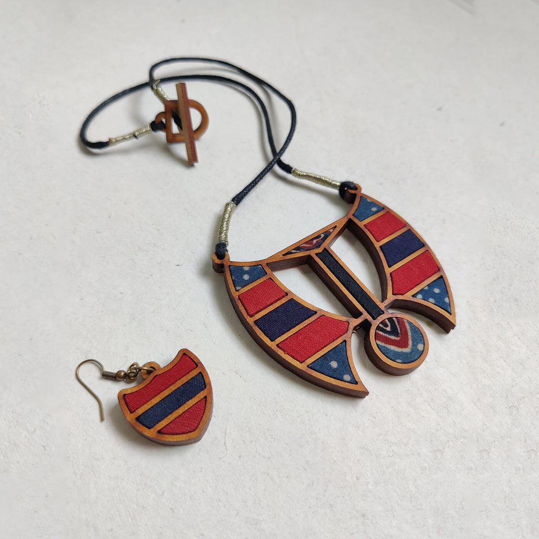 Handcrafted Wood & Fabric Arc Necklace & Earrings
