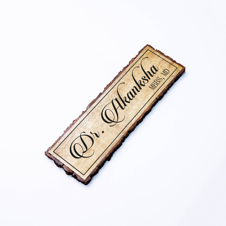 Handcrafted Mango Wood Personalized Professional Name Plate For Doctors - Angled Front View with Name Personalization