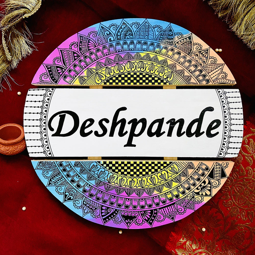 Handcrafted Personalized Mandala Round Pinewood Name Plate 3 - Name Personalization Example