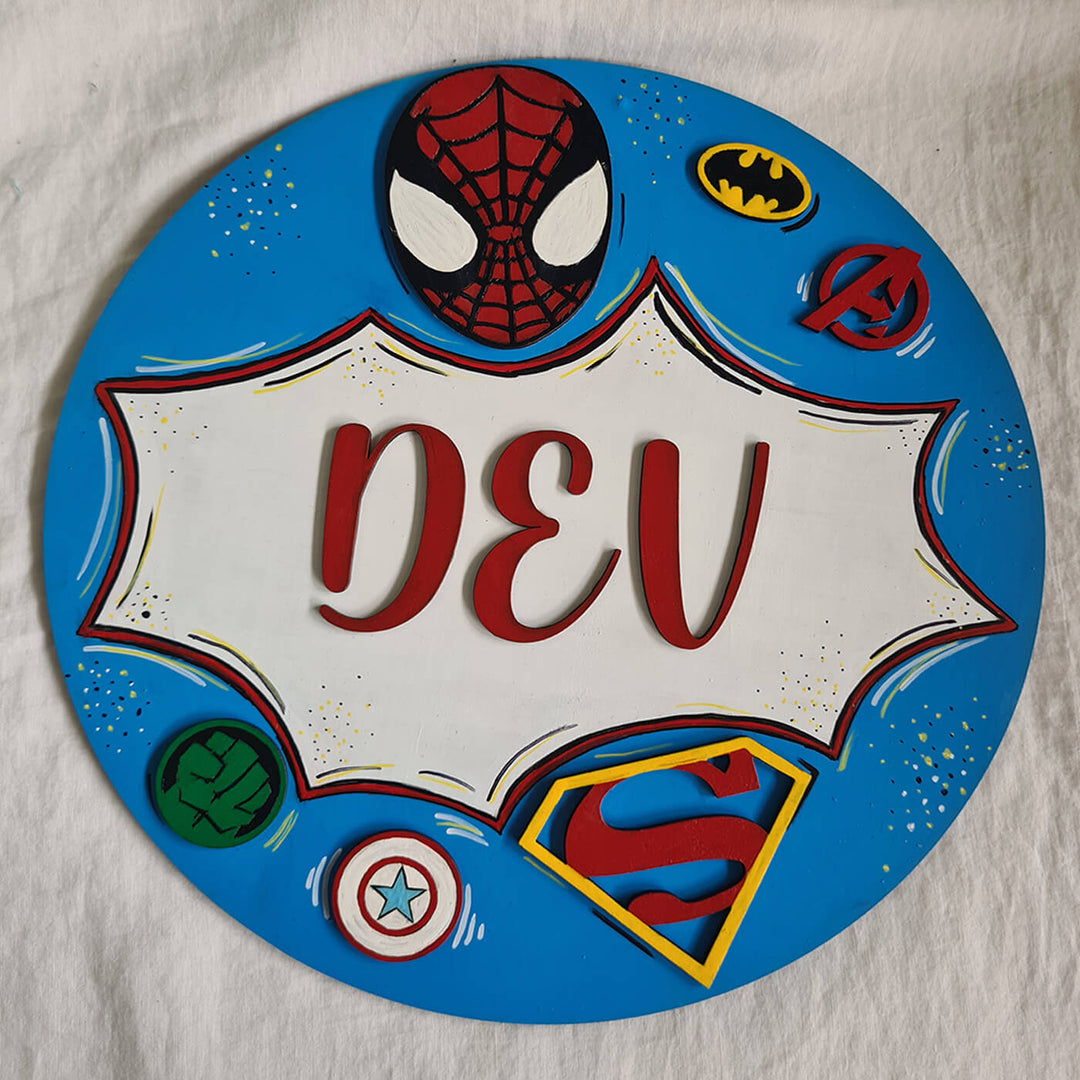 Super Heros Themed Kids Name Plate - Top-Down View with Name Personalization