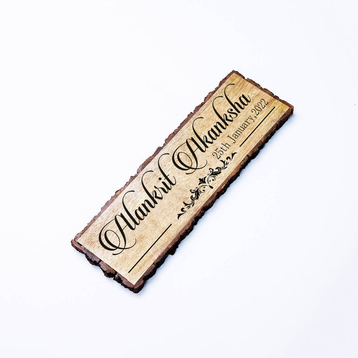 Handcrafted Mango Wood Personalized Name Plate For Couples - Engraving Close-up on Wood Plaque