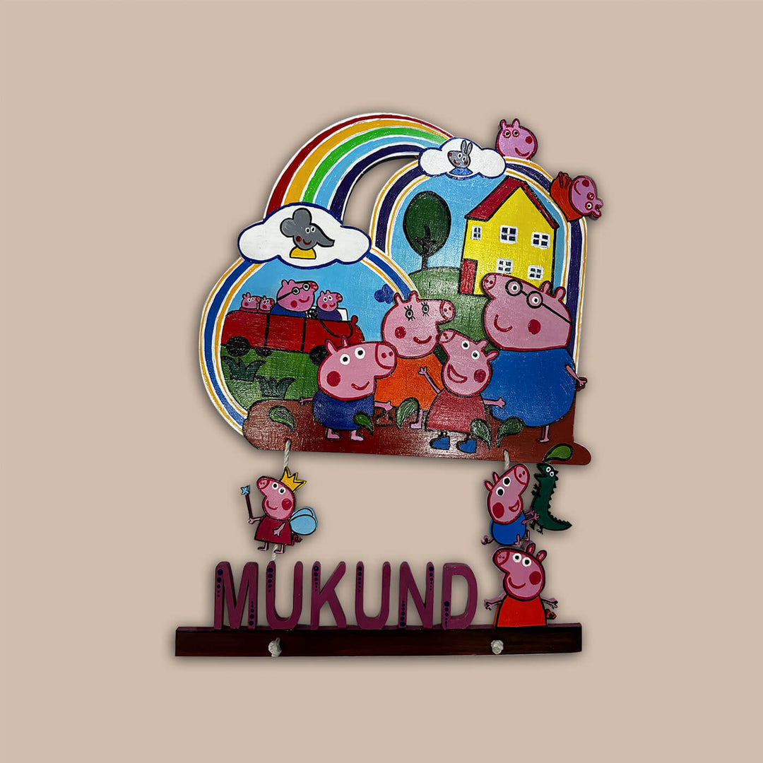 Hand Painted Peppa Pig Theme Personalised Kids Name Plate - Front View with Name Personalization