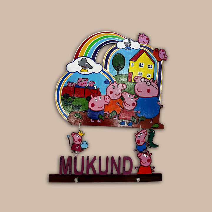 Hand Painted Peppa Pig Theme Personalised Kids Name Plate - Front View with Name Personalization