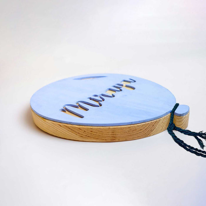 Handpainted Balloon Wooden Kids Name Plate - Side View Showing Thickness and Cord
