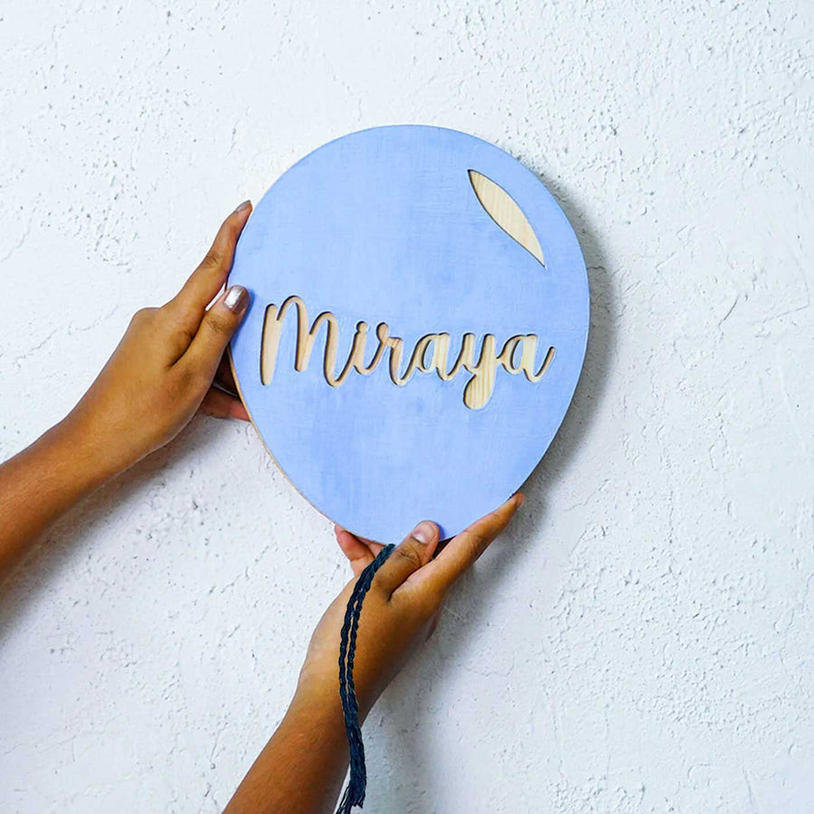 Handpainted Balloon Wooden Kids Name Plate - Name Personalization Example Held by Hands