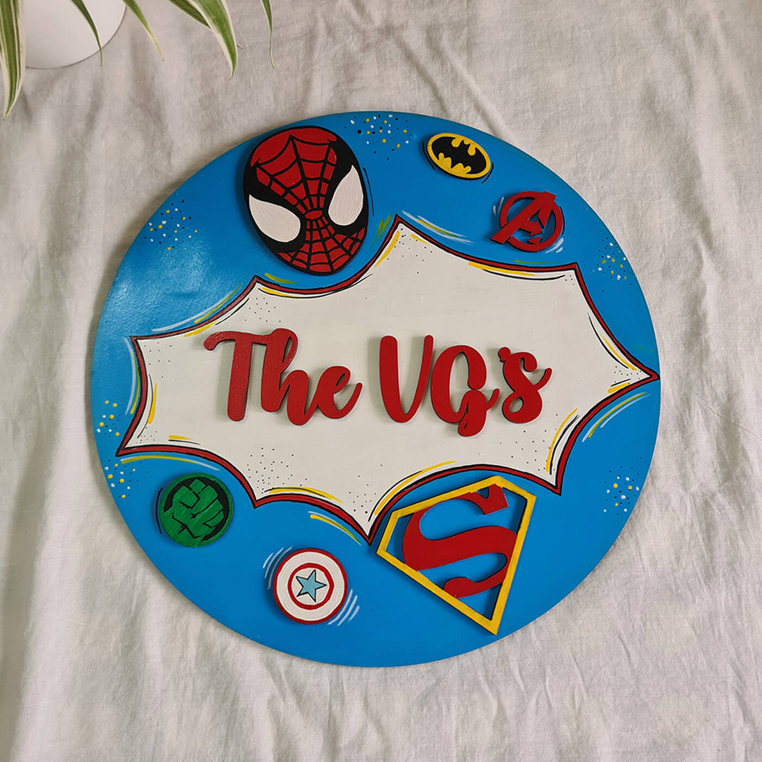 Super Heros Themed Kids Name Plate - Top View with Name Personalization