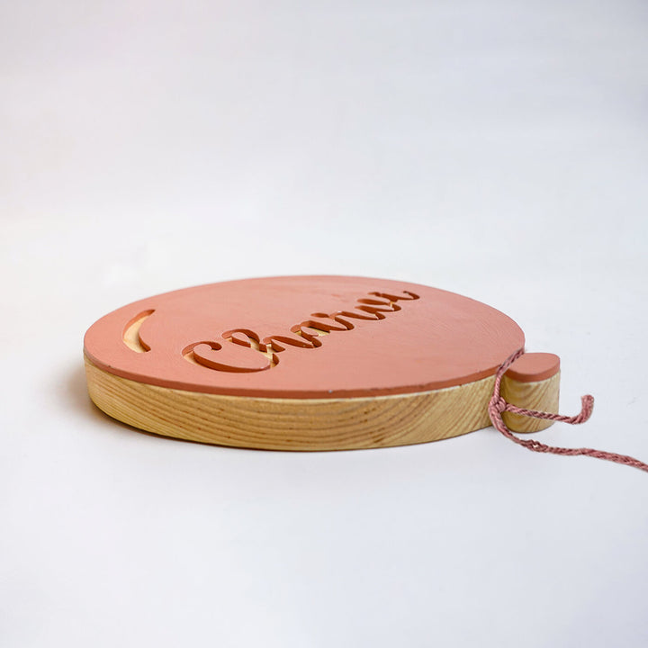 Handpainted Balloon Wooden Kids Name Plate 2 - Side View Showing Thickness and Cord