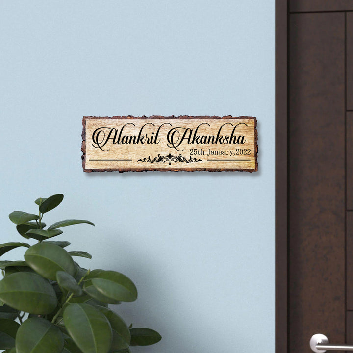 Handcrafted Mango Wood Personalized Name Plate For Couples - Mounted on Wall Close-up View