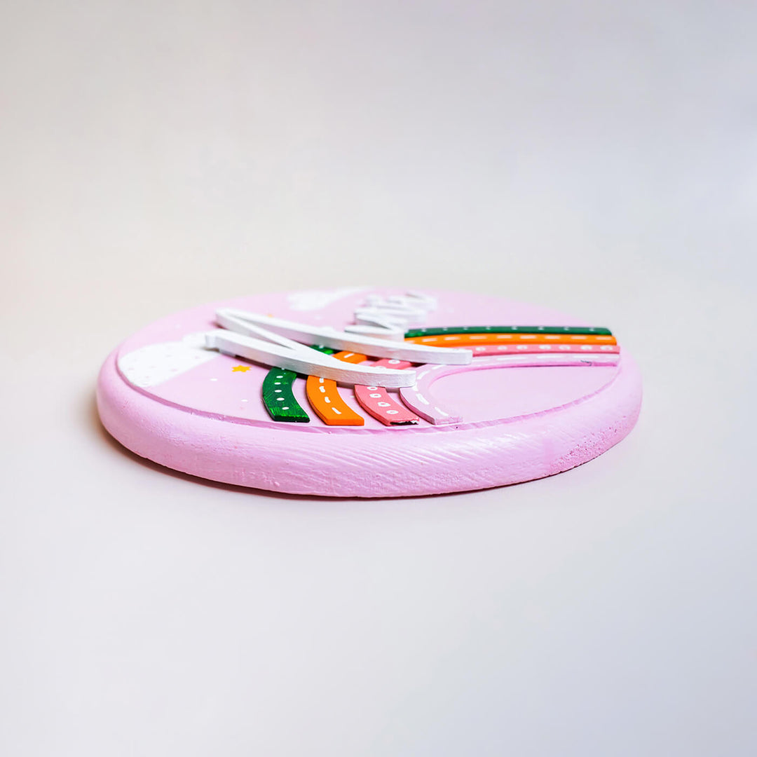 Handpainted Rainbow Wooden Kids Name Plate - Side View Showing Thickness