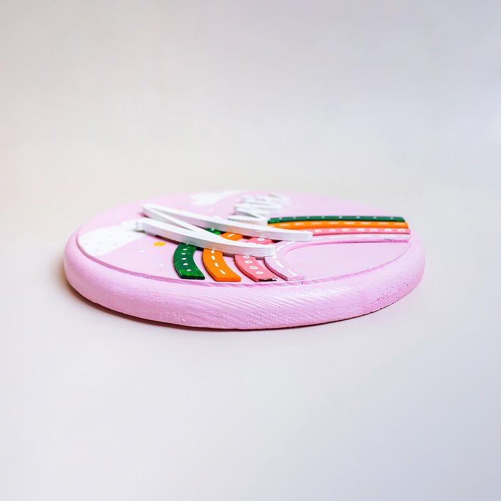 Handpainted Rainbow Wooden Kids Name Plate - Side View Showing Thickness