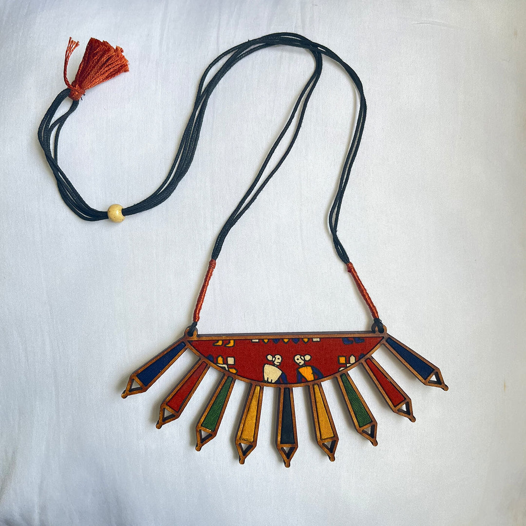 Handcrafted Wood & Fabric Rays Necklace & Earrings