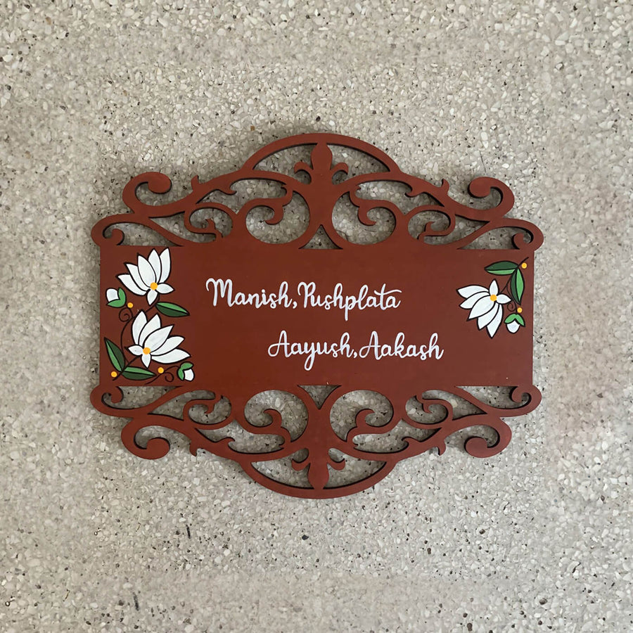 Rectangle Hand Painted Madhubani Art Name Plate 1 - Front View on Textured Surface