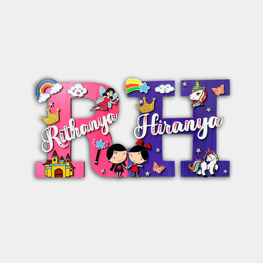 Hand Painted Sibling Special Monogram Personalised Kids Name Plate 2 - Front View with Name Personalization