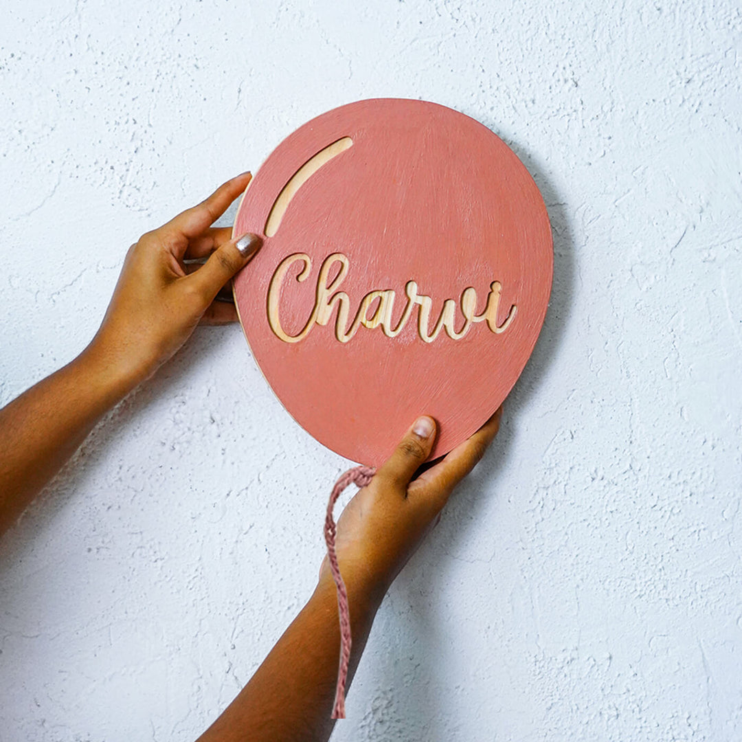 Handpainted Balloon Wooden Kids Name Plate 2 - Hands Holding Wall Hanging Sign