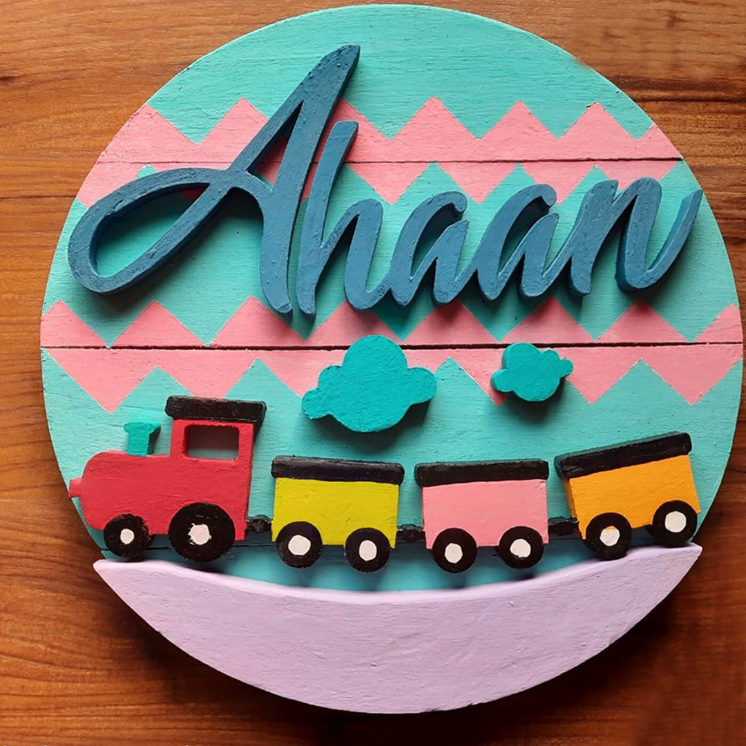 Hand Painted Personalized Train Themed Wooden Name Plate - Front View with Name Personalization
