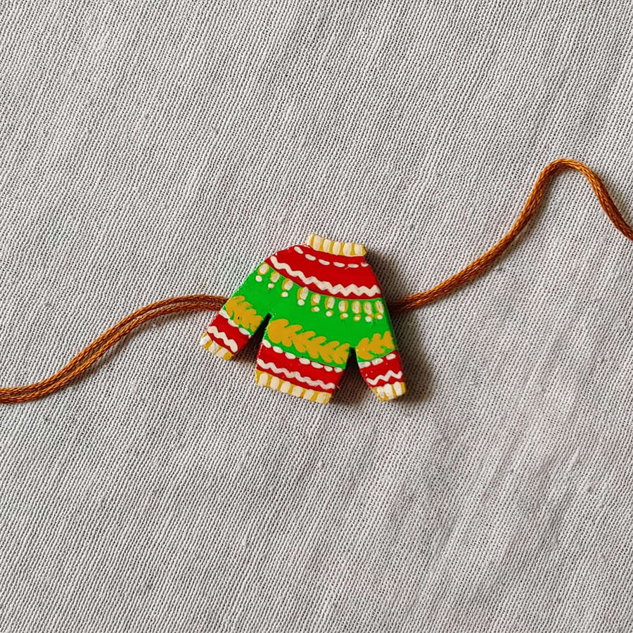 Handpainted Quirky Wooden Rakhi With Roli Chawal 11 - Single Sweater Charm on String
