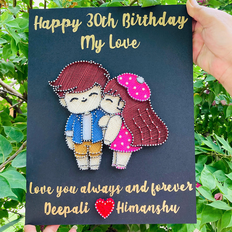Personalised Birthday String Art Gift Name Plates For Couples 3 - Held Front View with Personalization