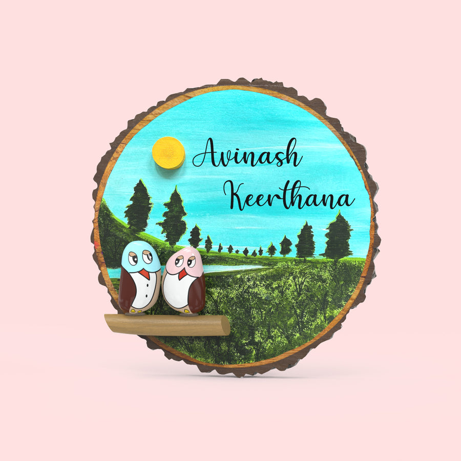 Hand Painted Pebble Art Owl Tree Bark Name Plate 2 - Front View with Name Personalization