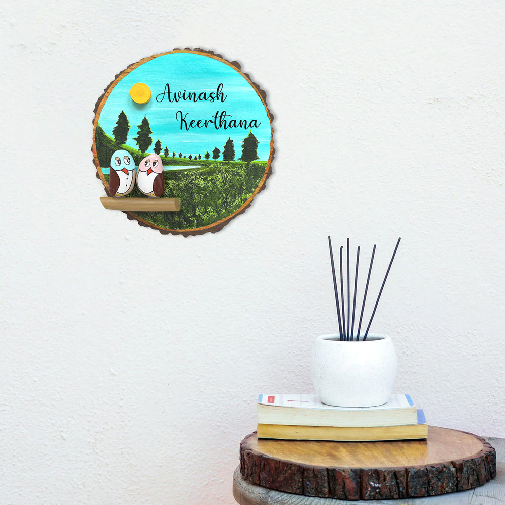 Hand Painted Pebble Art Owl Tree Bark Name Plate 2 - Mounted on Wall with Personalized Text