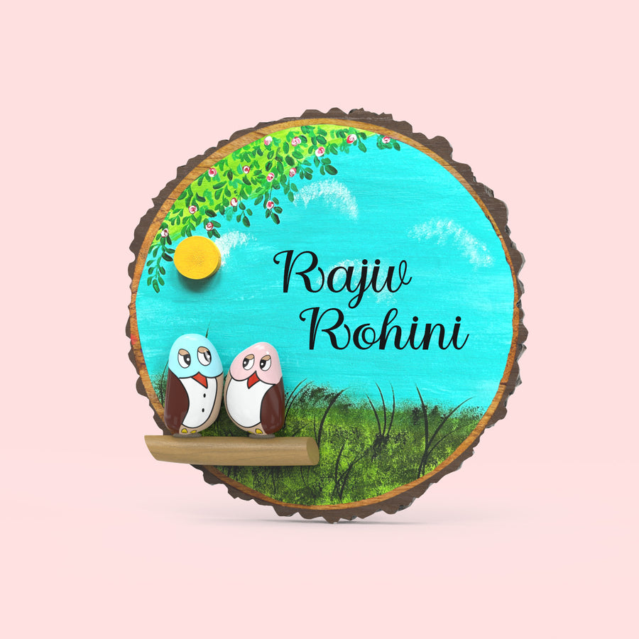 Hand Painted Pebble Art Owl Tree Bark Name Plate 3 - Front View with Name Personalization