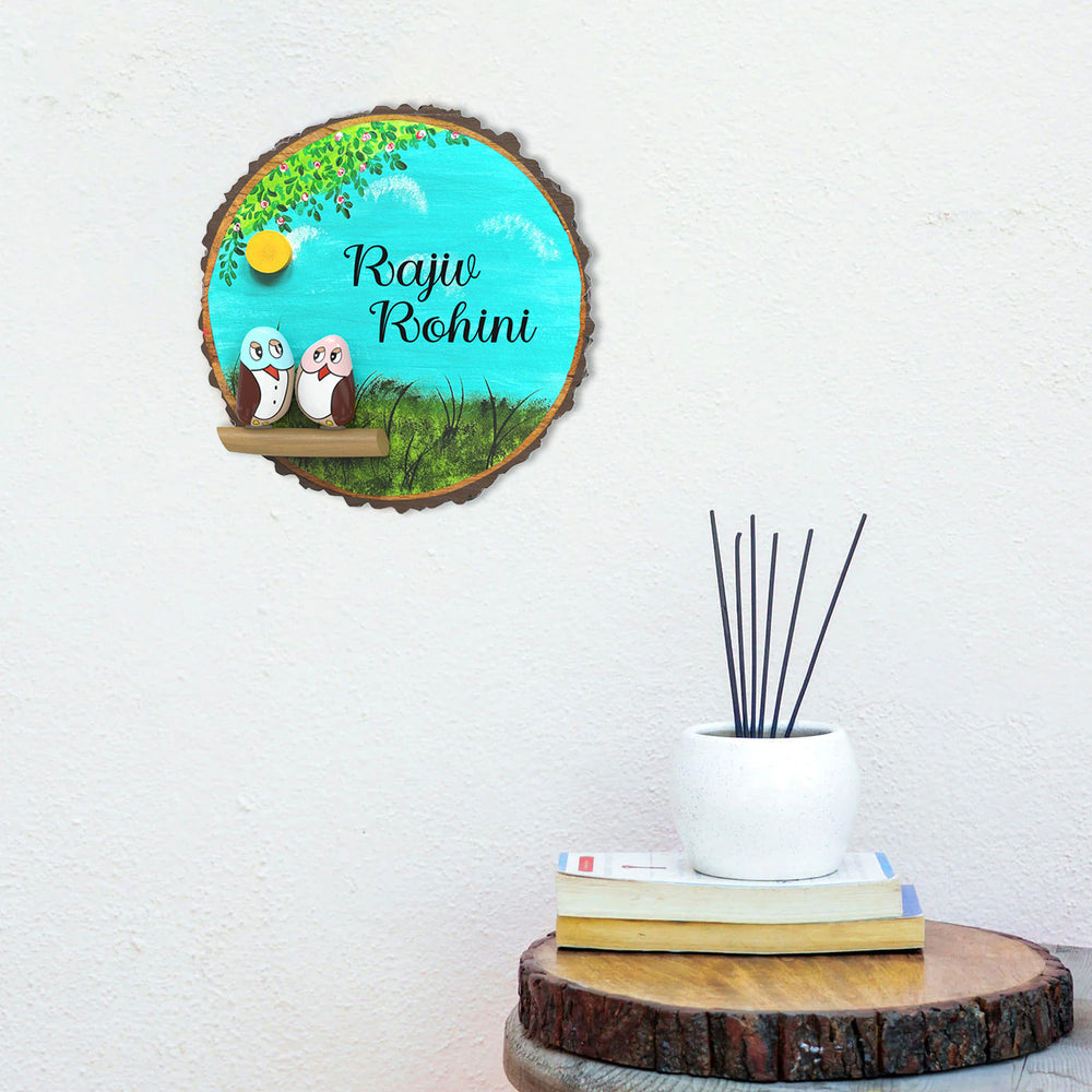 Hand Painted Pebble Art Owl Tree Bark Name Plate 3 - Mounted on wall with decoration