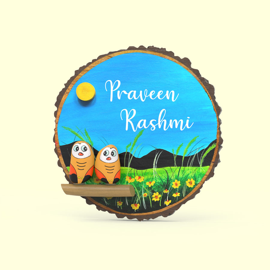 Hand Painted Pebble Art Owl Tree Bark Name Plate 4 - Name Personalization Example Front View