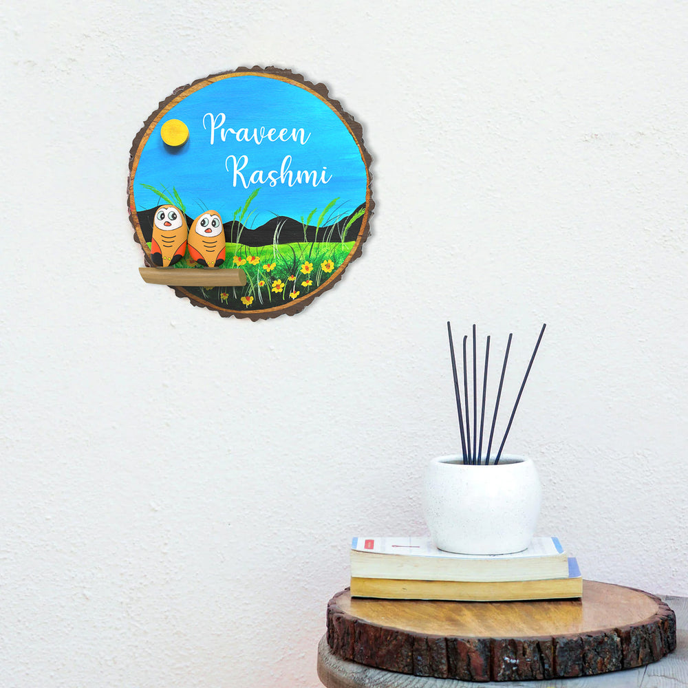 Hand Painted Pebble Art Owl Tree Bark Name Plate 4 - Mounted on Wall Showing Personalization