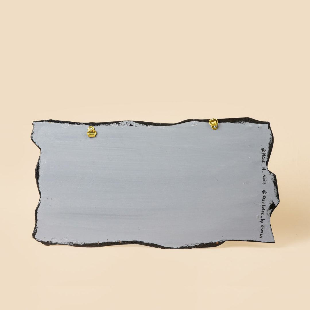 Handmade Resin Blue Gold Rectangle Marbled Name Plate - Back View with Hanging Hooks