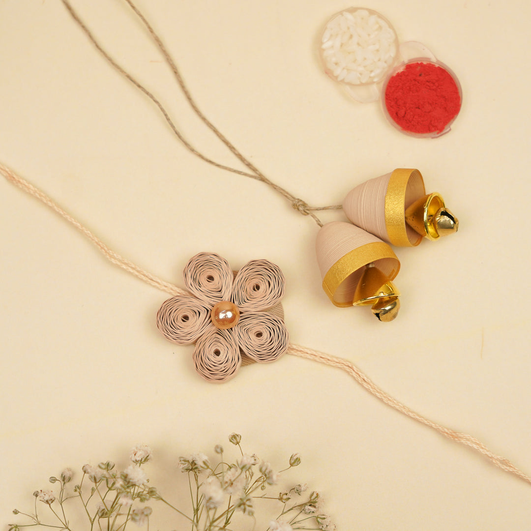 Handmade Paper Quilled Beige Flower Bhaiya Bhabhi Rakhi With Roli Chawal | Set Of 2
