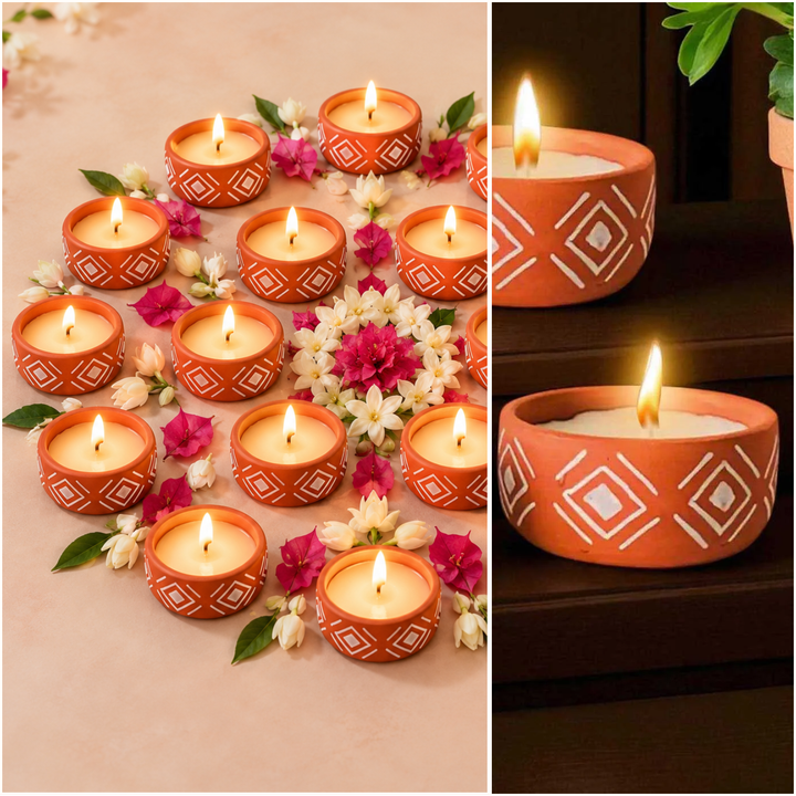 Set of 16 | Hand-Painted Diamond Terracotta Soy Wax Candle