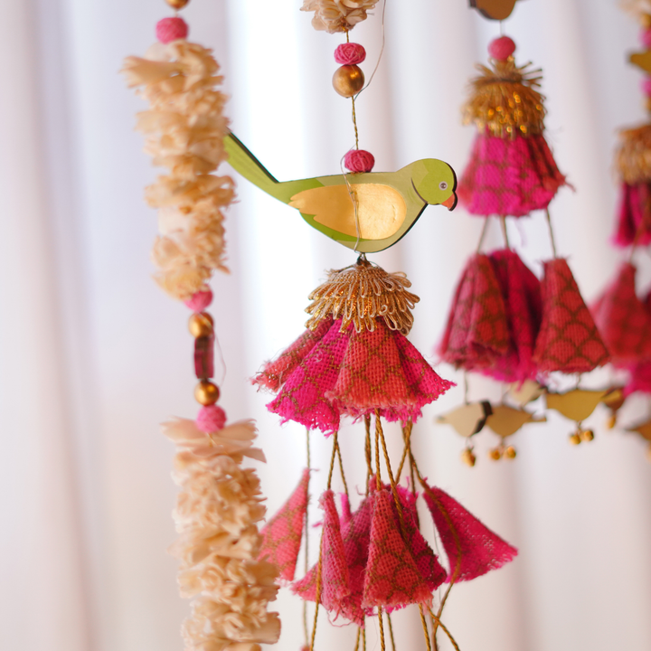 6 Pc | Handmade Parandi Bird Jute Wall Hanging Strings in Different Lengths With LED Lights & Shola Accents