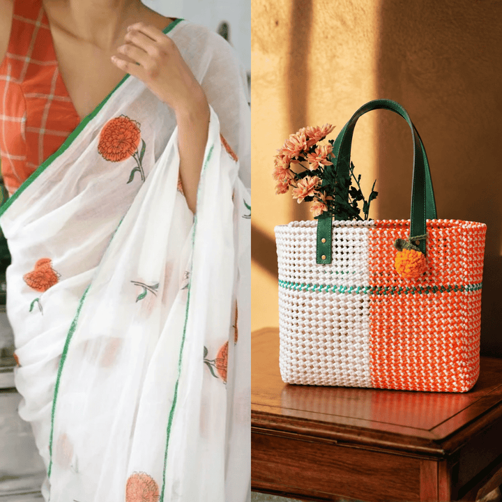 "Anand" Tricolour Colour Block Handmade Wire Koodai Tote Bag With Crochet Marigold Charm