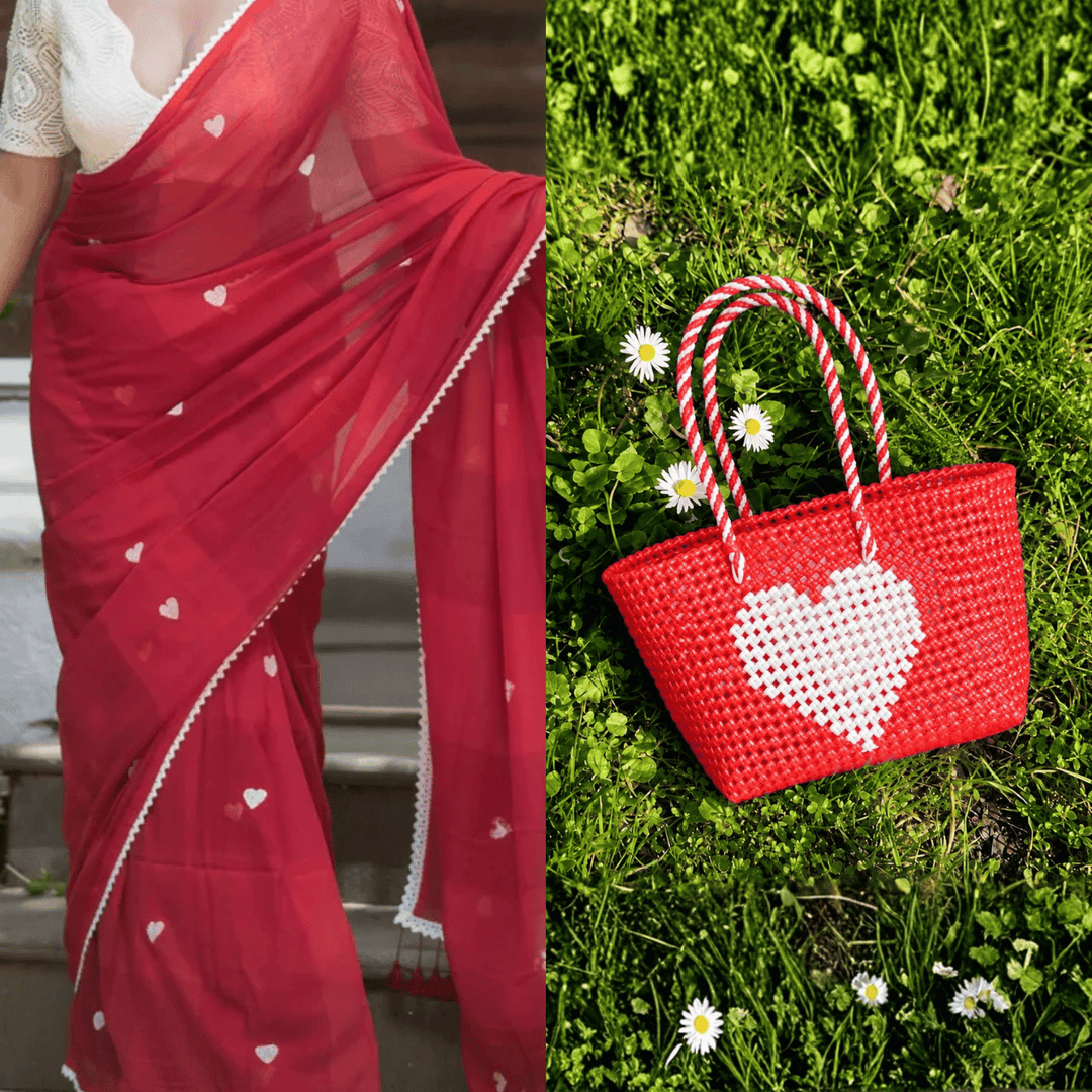 "Love Is In The Air" Red & White Heart Mukhya Knot Handmade Koodai Tote Bag With Candy Plastic Handle