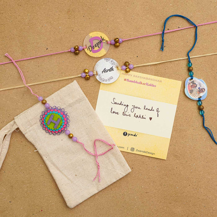Personalized Handmade Candy Acrylic Kids Rakhi With Roli Chawal - Set of multiple bracelets with packaging and card