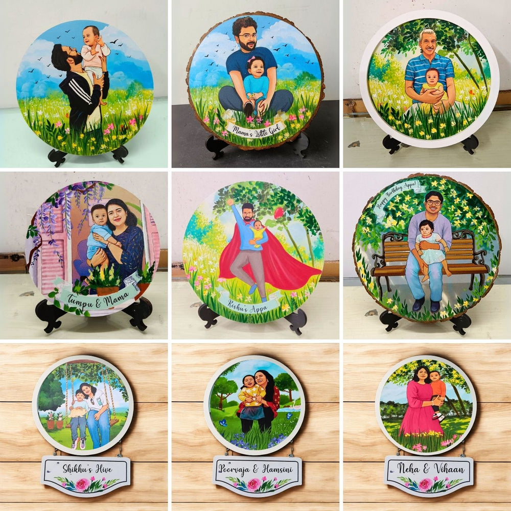 Photo Caricature Nameplate With Stand For Small Family 9 - Multiple Personalized Round Plaques Displayed