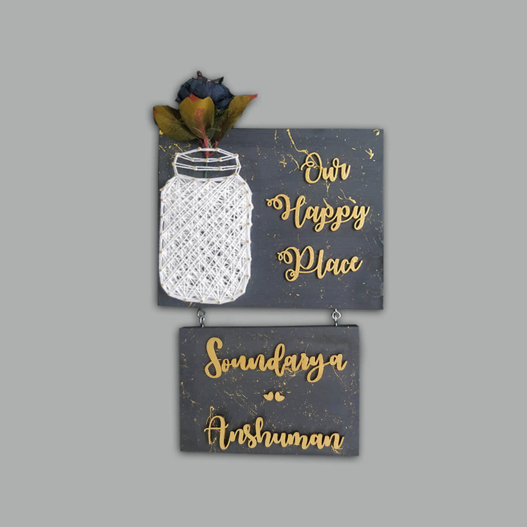 Our Happy Place Mason Jar String Art Personalised Name Plate 5 - Front View Hanging Wall Sign