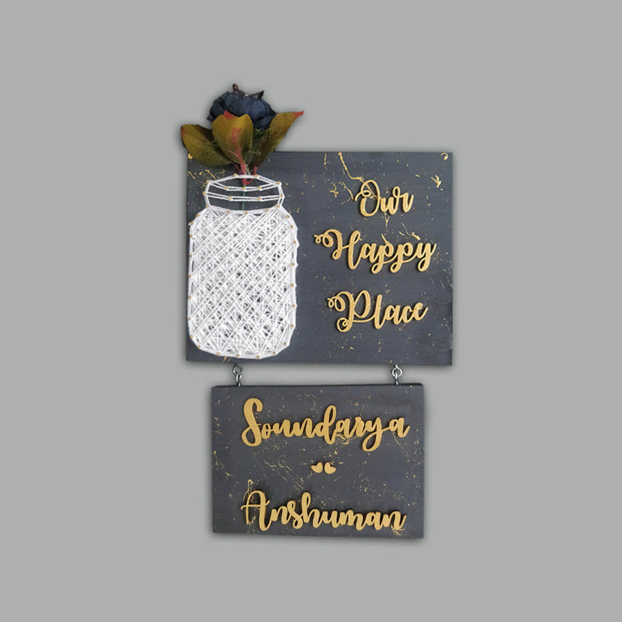 Our Happy Place Mason Jar String Art Personalised Name Plate 5 - Front View Hanging Wall Sign