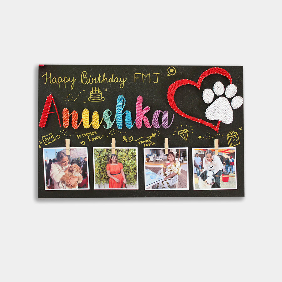 Handcrafted Personalized String Art Name Plate With Pet Photos - Front View with Photos and Name Personalization