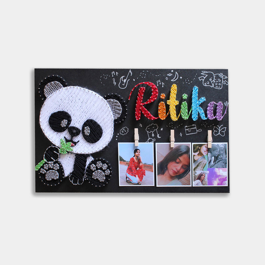 Handcrafted Personalized String Art Name Plate With Photos - Front View with Name and Photo Clips