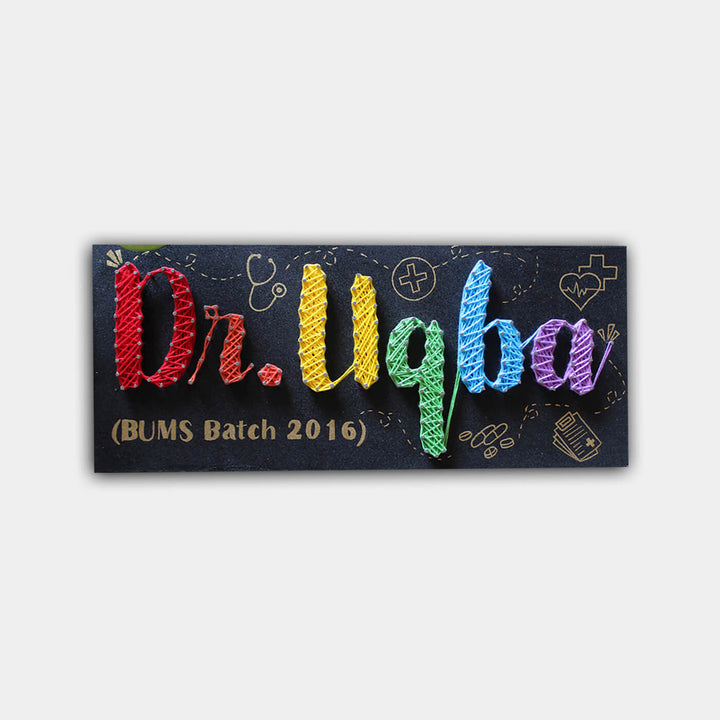 Handcrafted Personalized String Art Professional Name Plate With Qualifications - Name Personalization Example with Background