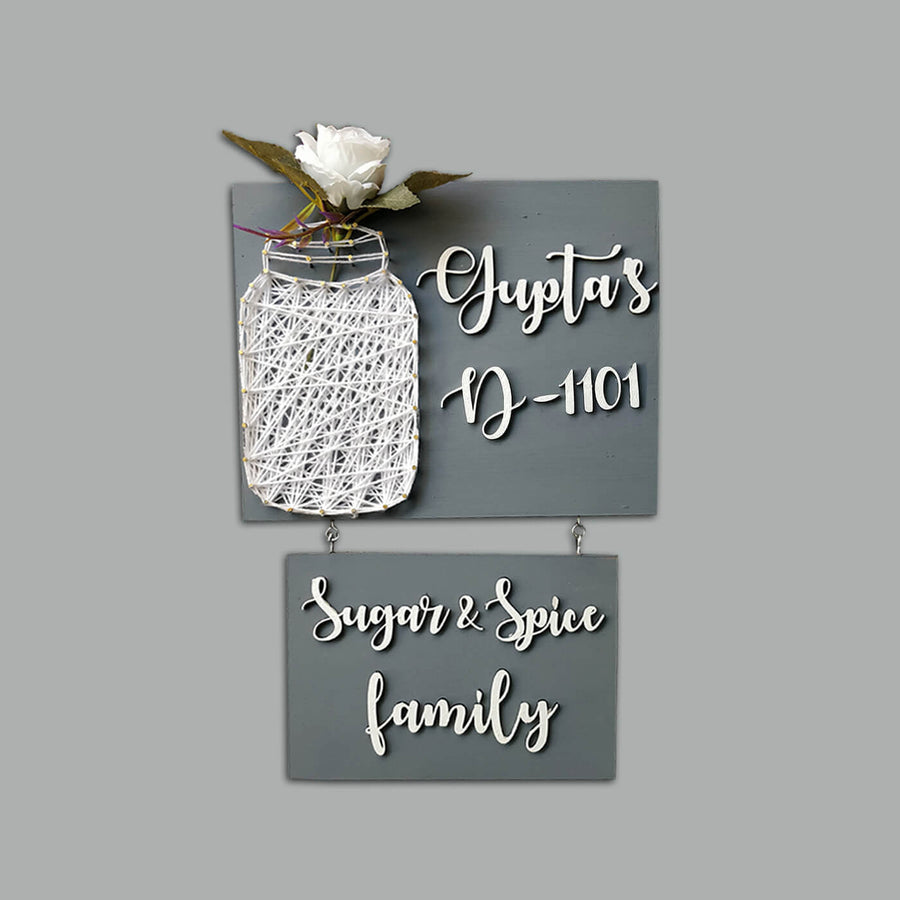 Sugar Spice Family Mason Jar String Art Personalised Name Plate - Front View with Hanging Panels
