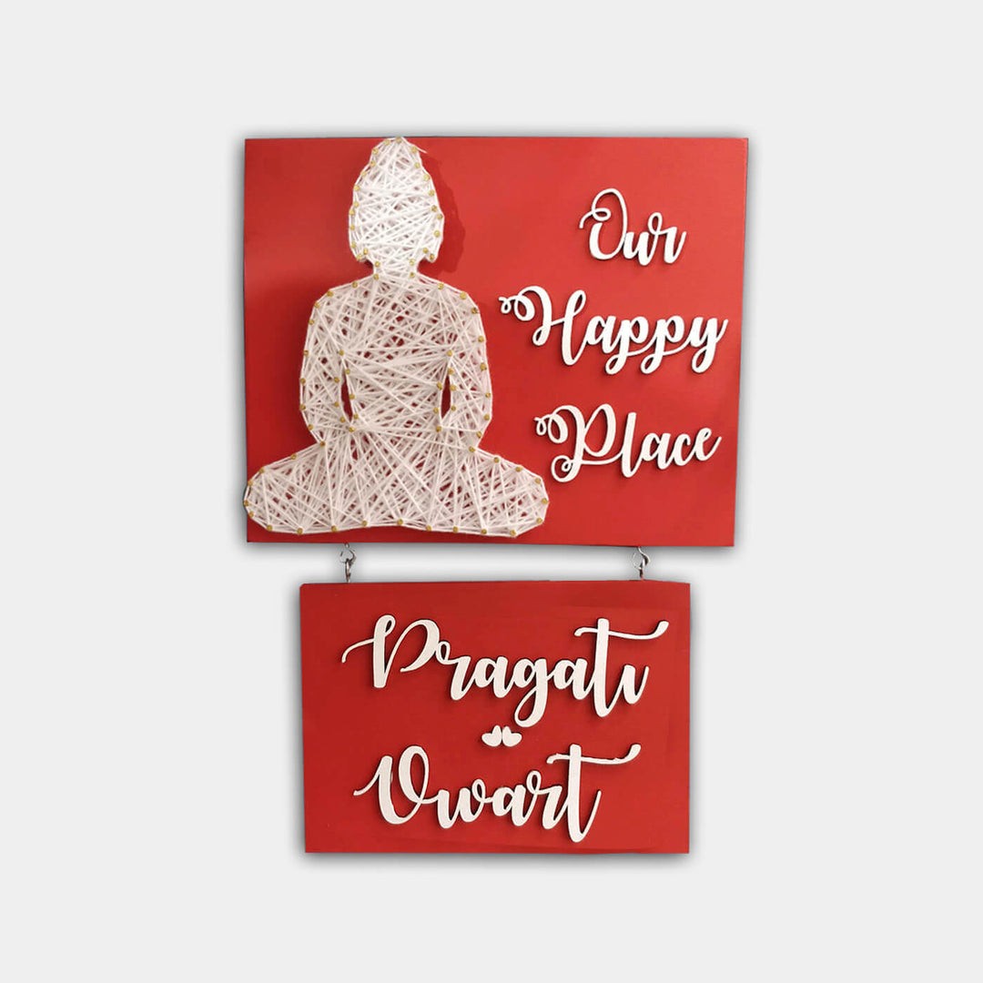 Our Happy Place Buddha Mason Jar String Art Personalised Name Plate - Front View with Name Personalization