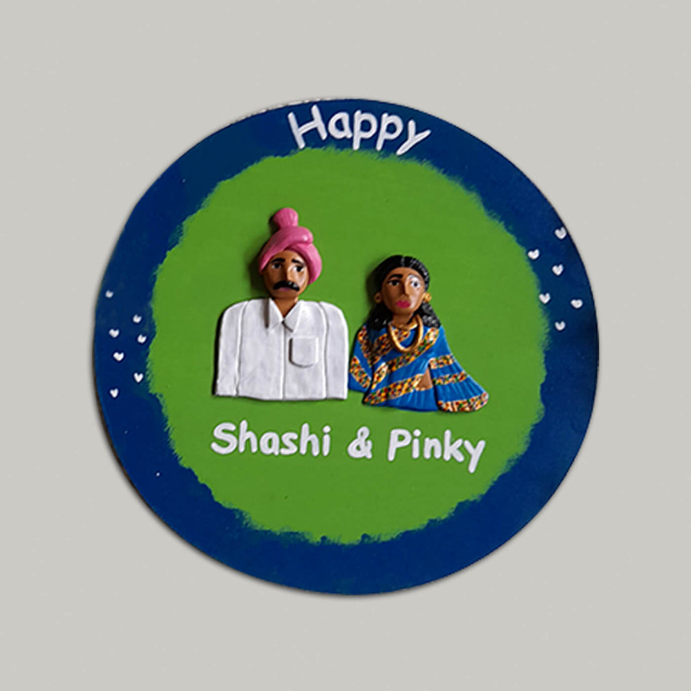 Handcrafted Personalised Couple Name Plate With Clay Figurines 2 - Front View with Name Personalization