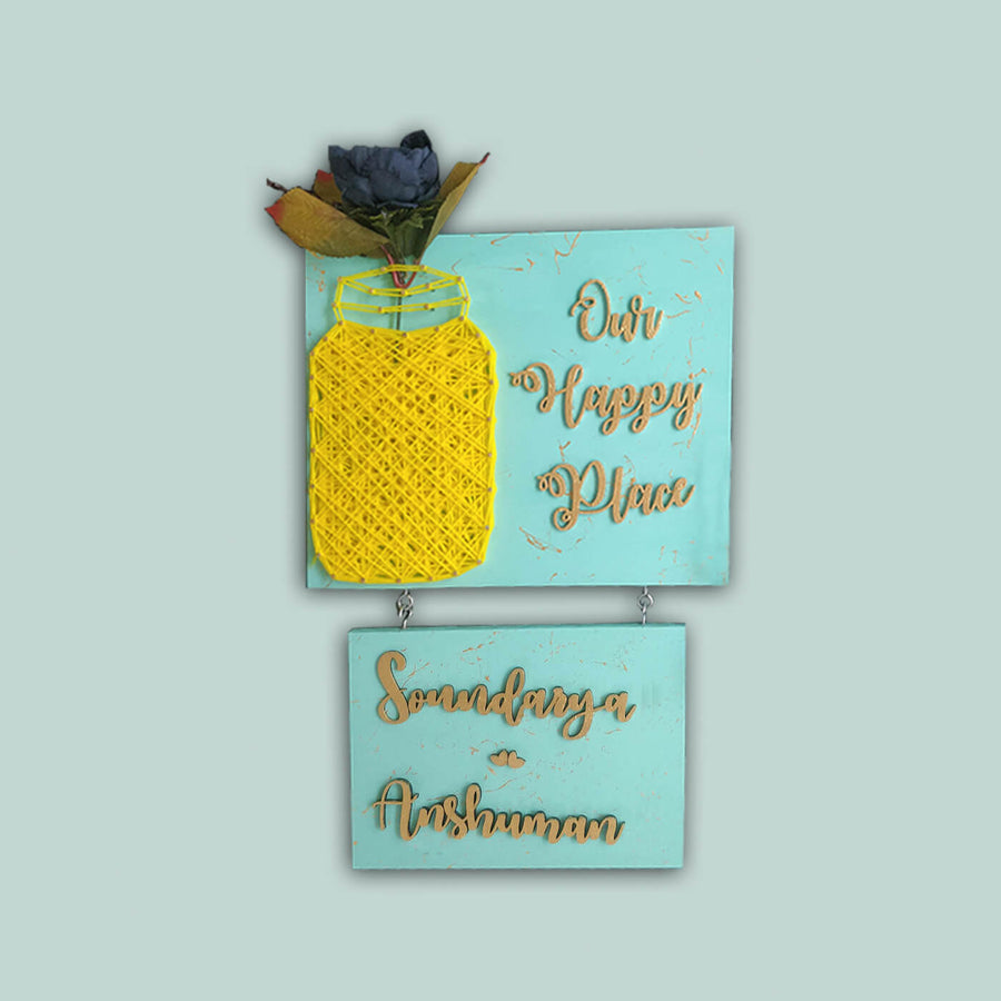 Our Happy Place Mason Jar String Art Personalised Name Plate 2 - Front View Hanging Wall Decor