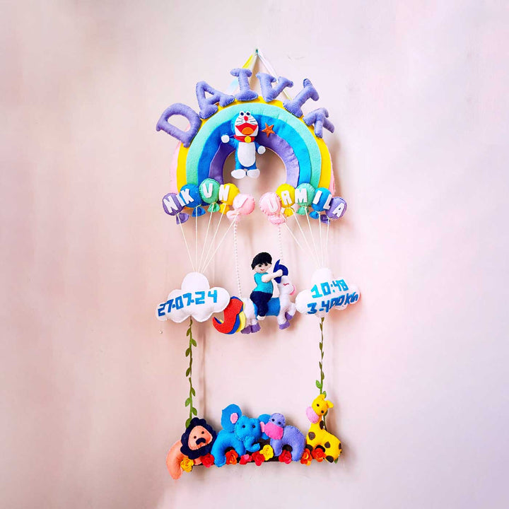 Personalized Pastel Colour Rainbow Felt Kids Name Plate With Birth Details - Hanging Wall Decoration Front View