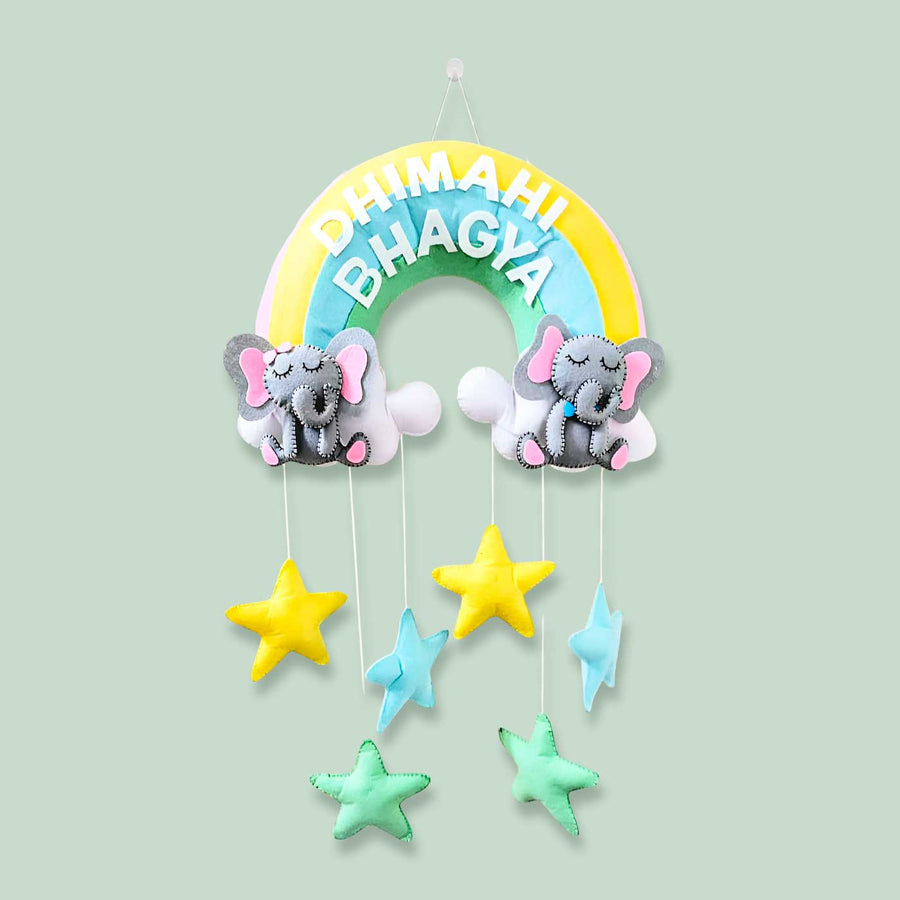 Personalized Elephant And Stars Theme Felt Kids Name Plate For Siblings - Hanging Front View with Names